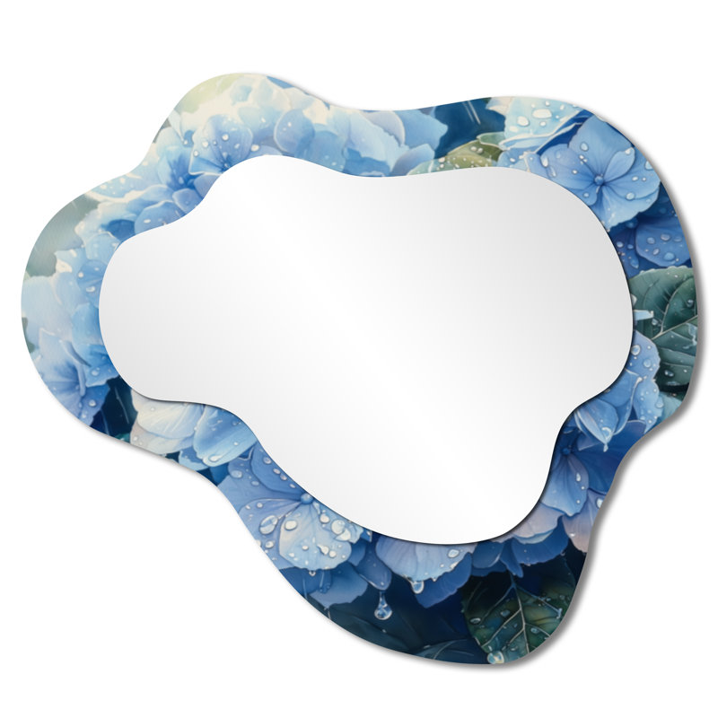 Hydrangeas In The Spring Rain I - miroir mural asymétrique hydrangée, miroir de coiffeuse traditionnel, imprimé sur métal