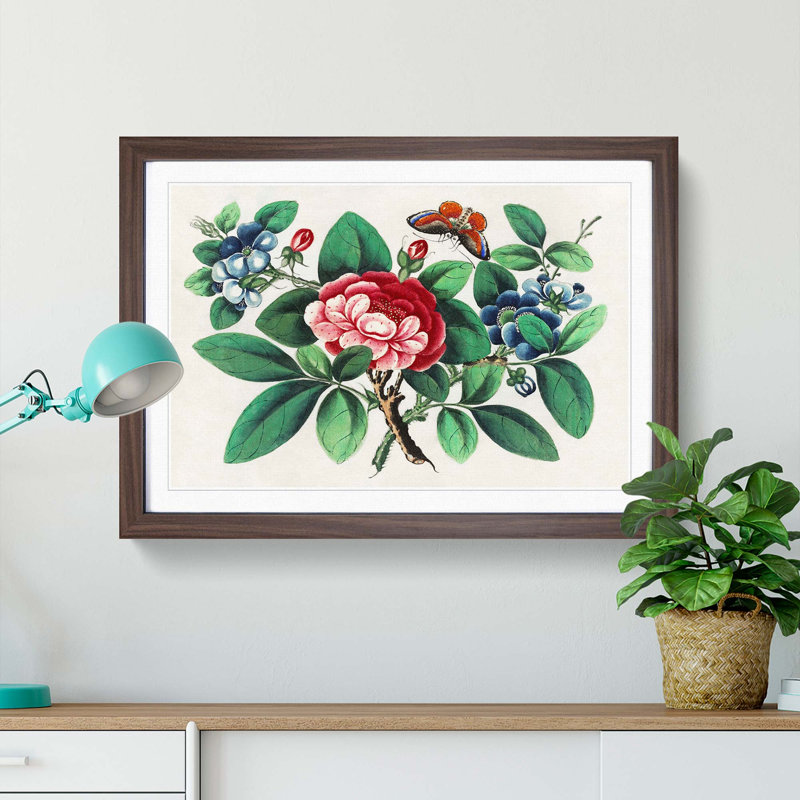 Flowers & Butterfly - Picture Frame Art Print, Walnut, 60cm H x 91cm W x 2cm D