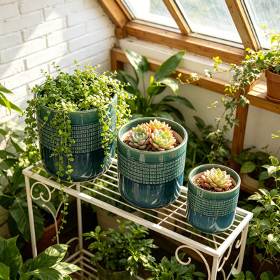 Ensemble de 3 pots à fleurs faits à la main en céramique vert et vert, glacis réactif artisanal pour plantes grasses et herbes