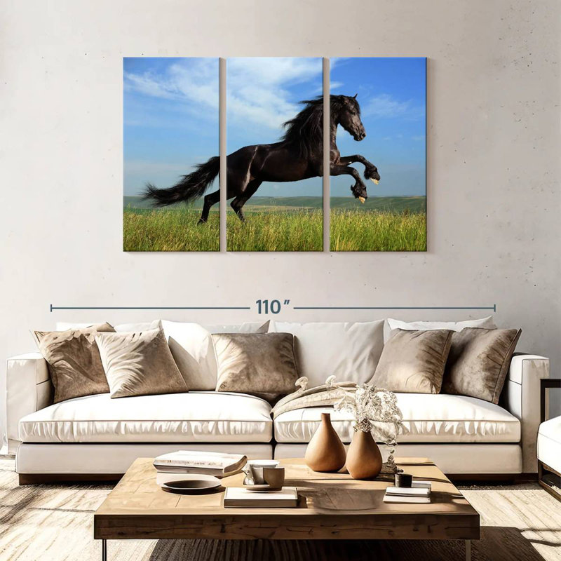 Brampt superbe cheval frison, H 48 po x l 74 po