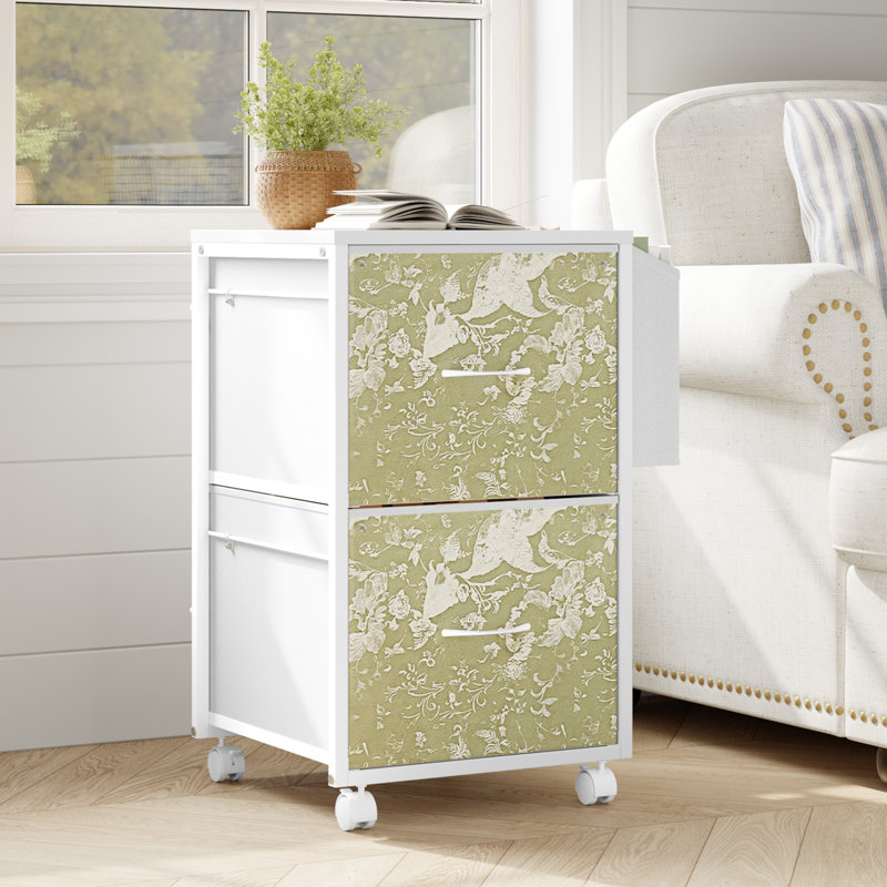15 Inch Embossed Metal Framed Wooden File Cabinet With 2 Drawers And Wheels