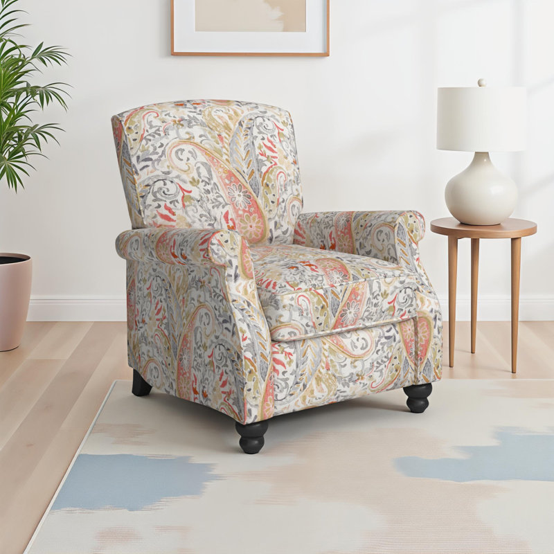 Gwin Manual Standard Push Back Recliner, Coral Red Multi Paisley Polyester