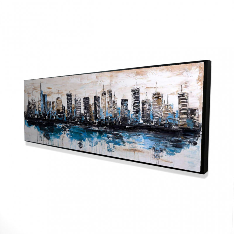 «Abstract City on Water» - Toile avec cadre bleu | Décoration intérieure