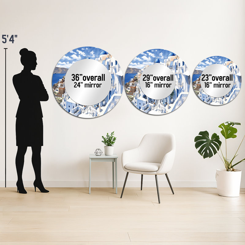 Greek Santorini Odyssey I - Greece Decorative Mirror, Country Large Round Wall Mirror, Printed Metal Art, 29" x 29"