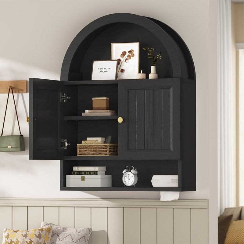 Arched Bathroom Wall Cabinet With Adjustable Shelves, Over The Toilet Organizer With Grille Door