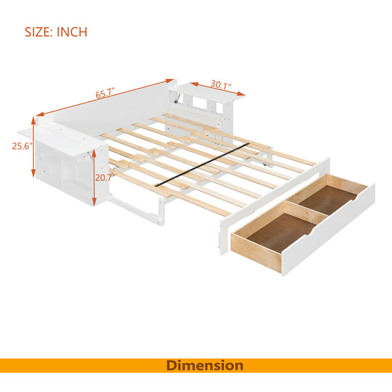 Lit de jour avec bureau amovible, tiroirs de rangement et table d'appoint hydraulique, Blanc, Double