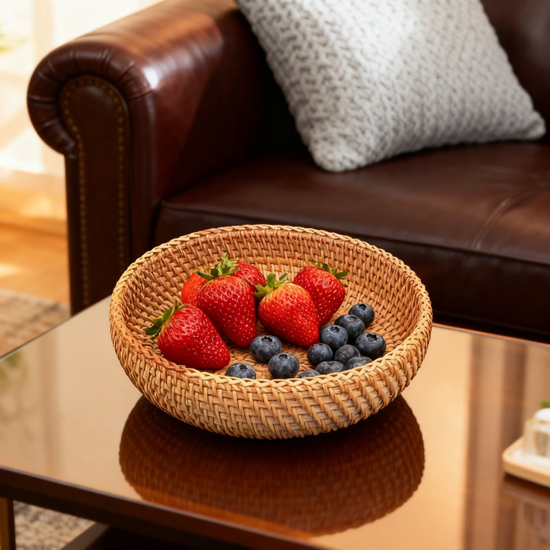 Woven Key Bowl And Catch All Tray For Entryway Table, Handmade Wicker Storage Basket For Keys, Wallet, Remote Control, Cell Phone, And Small Item Display
