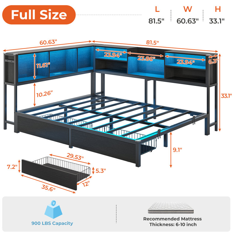 Daybed With 2 Underneath Storage Drawers And Charging Station, L-shape Corner Bed Frame With Storage Bookcase And Led Lights For Living Room, Bedroom & Guest Room