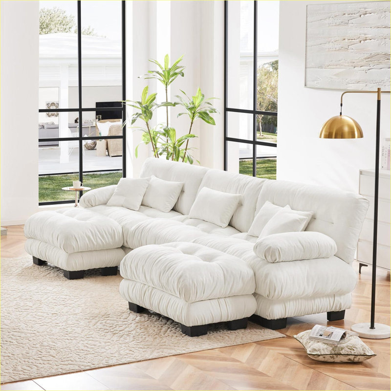 Canapés modulaires | Canapé modulaire moderne surdimensionné en U pour salon, 2 repose-pieds inclus | blanc neige | Chenille
