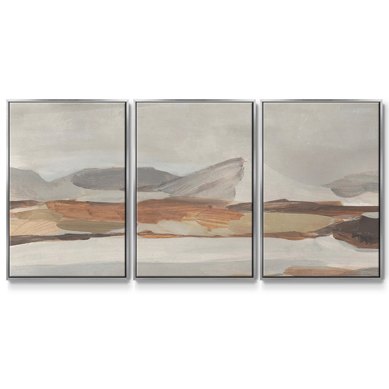 Dusky Mountain II, peinture sur toile 3 pièces, H 36 po x l 75 po, Encadrement argenté