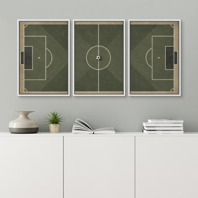 Green Soccer Field Overhead View With Clean Sports Court Design Framed Canvas Master Bedroom Wall Art Work 3 Pieces Print Set