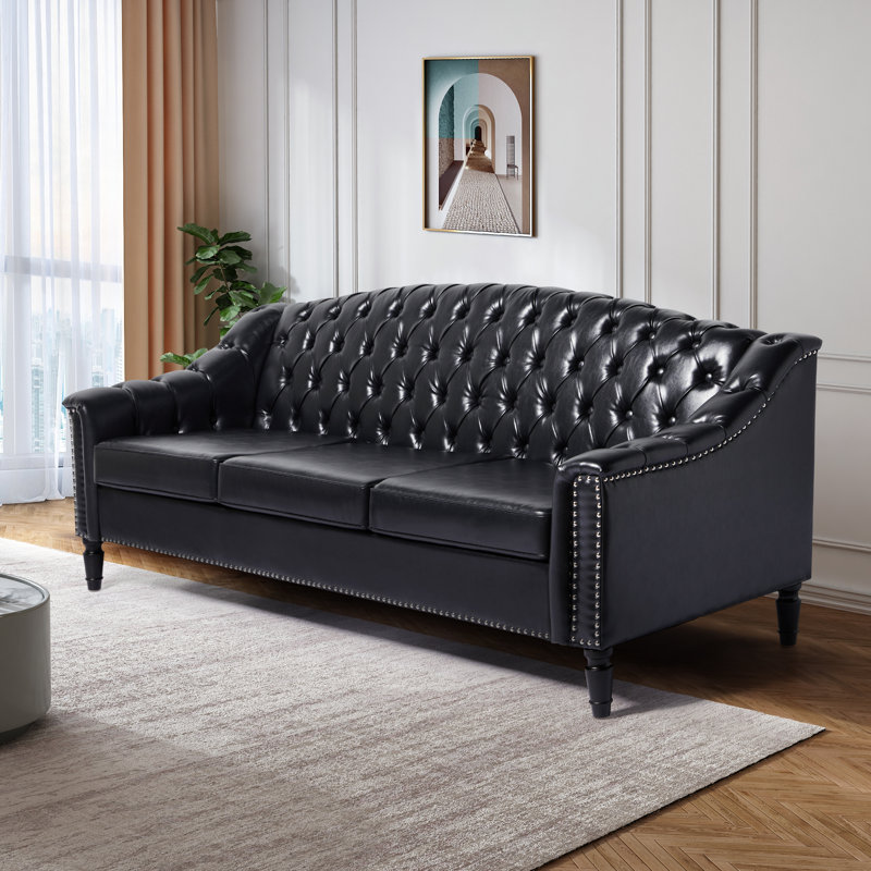 Denishia 83.46'' Faux Leather Sofa, Black Faux Leather