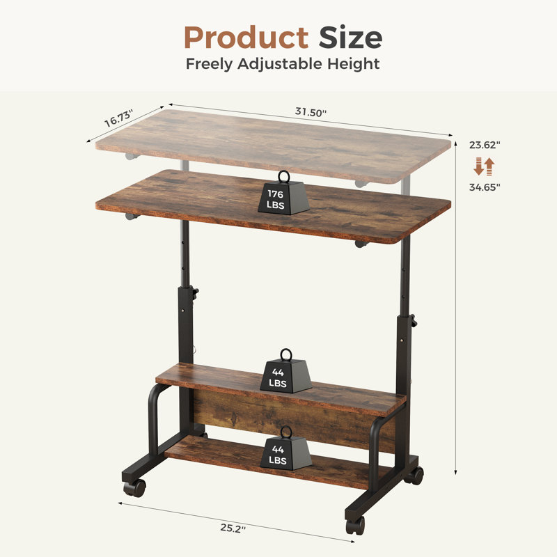 Manual Height Adjustable Desk with Storage Shelf, Portable Mobile Workstation, Rolling Computer Standing Desk for Home Office