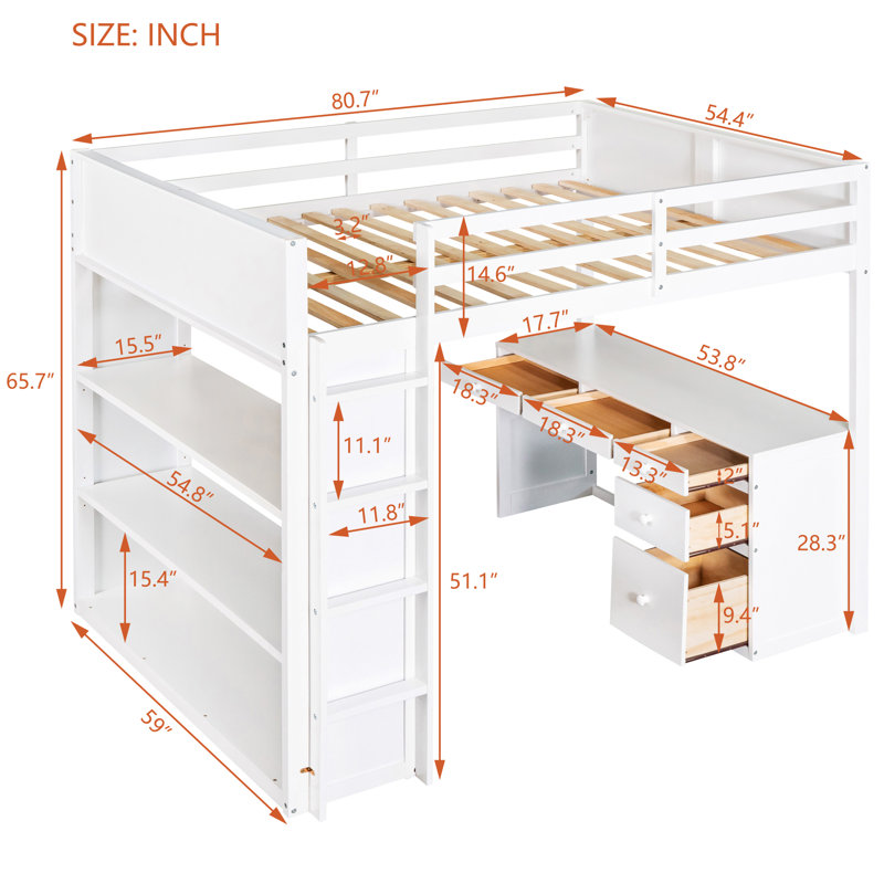 Harmonie 5 Drawer Loft Bed with Built-in-Desk and Bookcase by Harriet Bee, Full, White