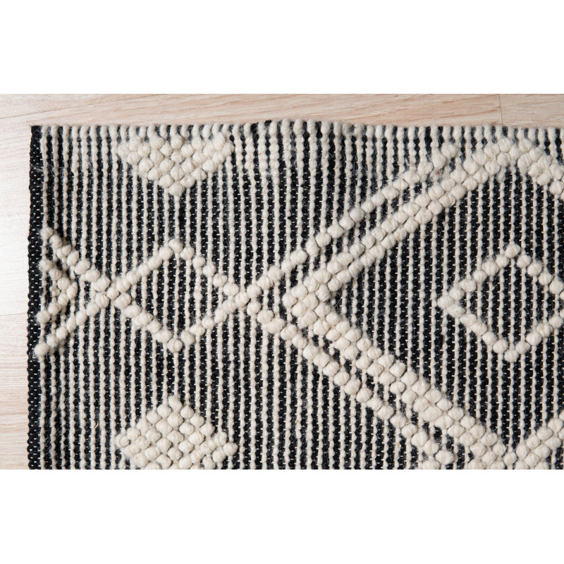 Black Handwoven Wool Diamond Gridlock Geometric Modern Contemporary Carpet Rug, 5' x 8'
