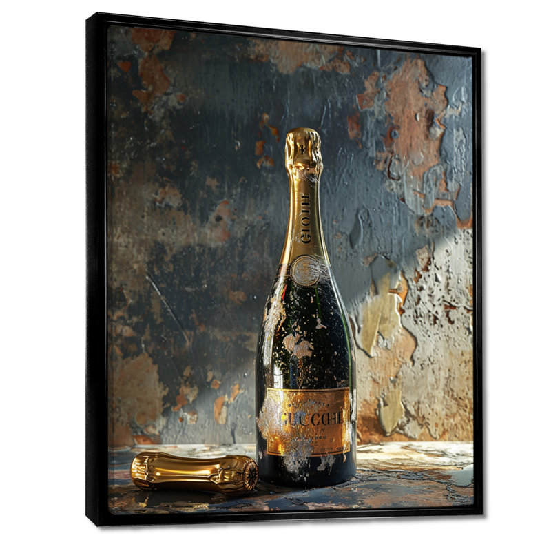 Décoration murale rétro «Glam Champagne» - vin et champagne, Toile avec cadre flottant noir, H 20 po x l 12 po x P 1 po
