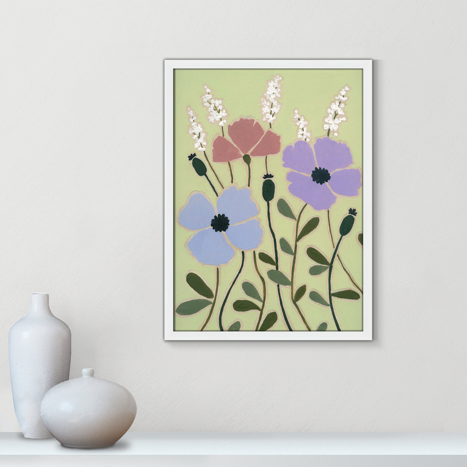 Maura "Woodblock Floral III" Print, 23" H x 17" W x 1.25" D, Satin White Framed