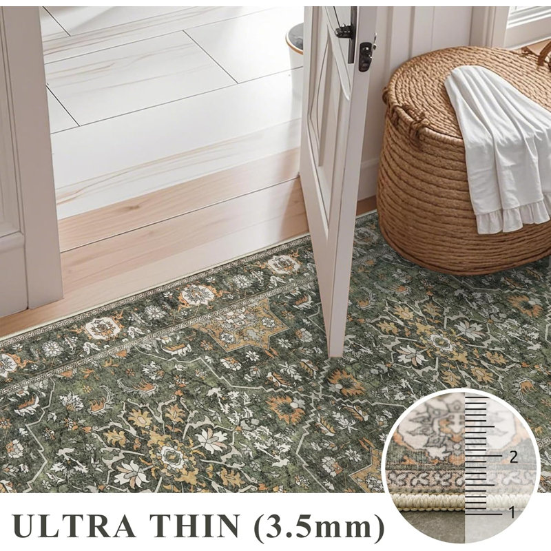 Washable Hallway Runner Rug - Kitchen Rugs Ultra Soft Entryway Rug Runner Vintage Floral Floor Mat Non-Slip Low Pile Indoor Farmhouse Carpet for Bathroom Living Room Bedroom (Green)