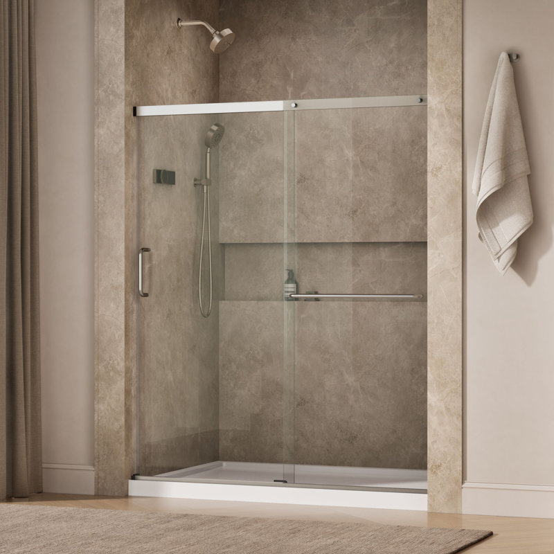 Elate Sliding Shower Door, 70-1/2-In H X 56-1/4 - 59-5/8-In W, With 1/4-In Thick Crystal Clear Glass, Nickel/Clear