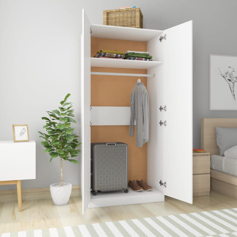 Benefiel 2 Door Manufactured Wood Wardrobe, White, 180cm H x 80cm W x 52cm D