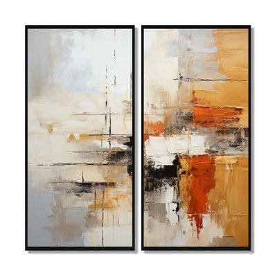 Orange Black Abstract Fractal Impressions - Fractals Wall Art Decor, Orange Abstract Canvas Print Set of 2