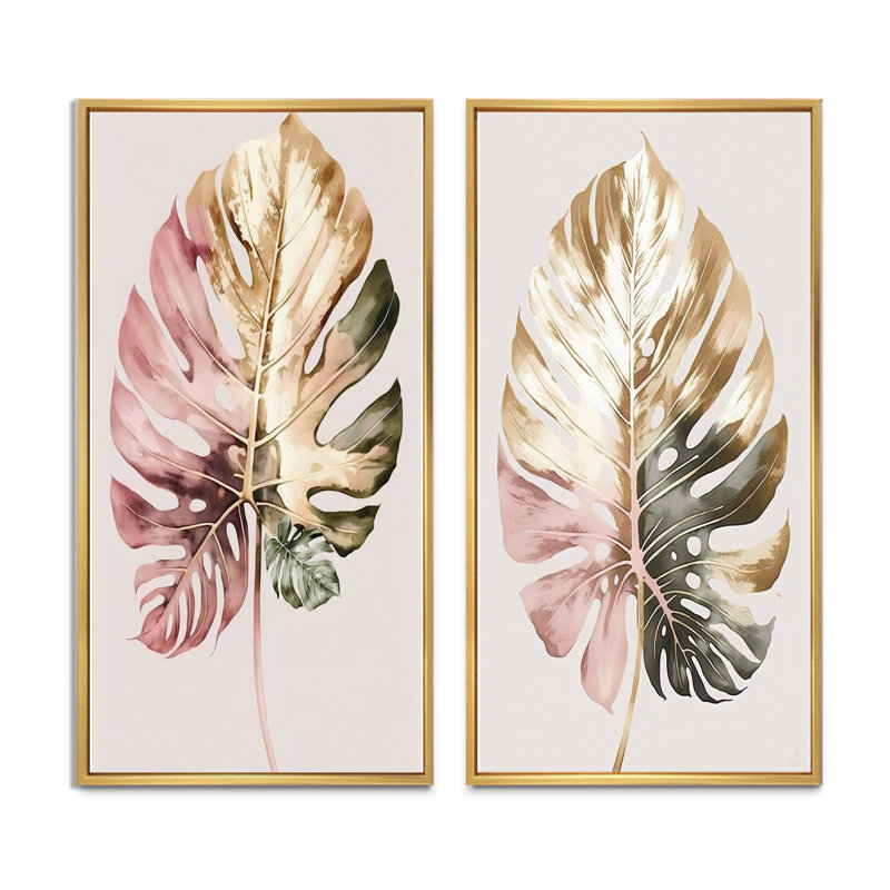 Feuille de philodendron doré et blanc - ensemble de 2 décorations murales - art floral imprimé pour la décoration intérieure