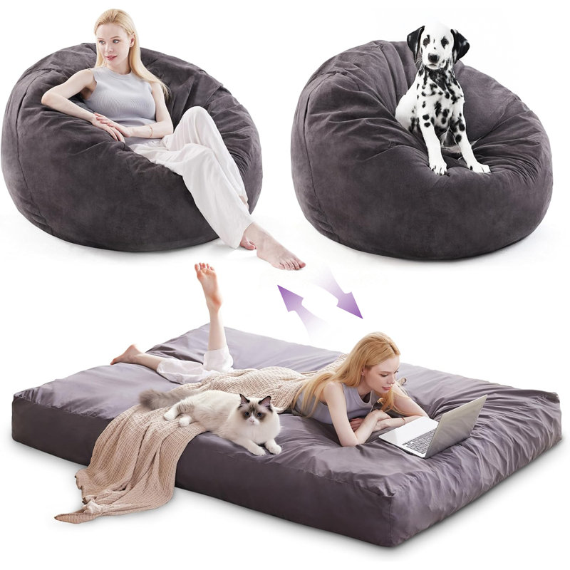 2 in 1 Convertible Bean Bag Chair with Removable Cover (Dark Grey), Black, 31.5" H x 42" W x 42" D