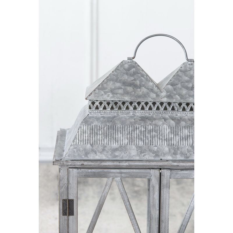 Lanterne en bois + métal + verre 2 pièces porte-bougie brun gris