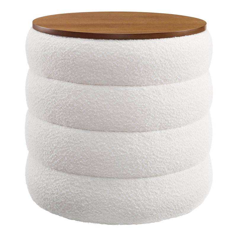Cloud Boucle Fabric Round Storage Ottoman with Wood Grain Veneer Lid