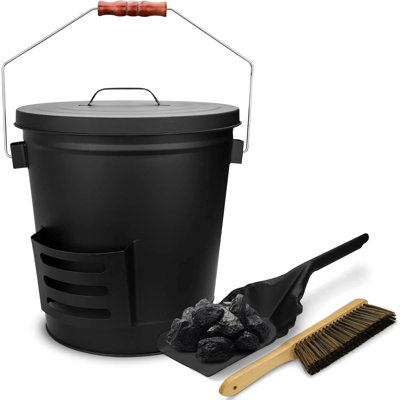 5.2 Gallon Large Metal Ash Bucket with Lid, Shovel & Hand Broom