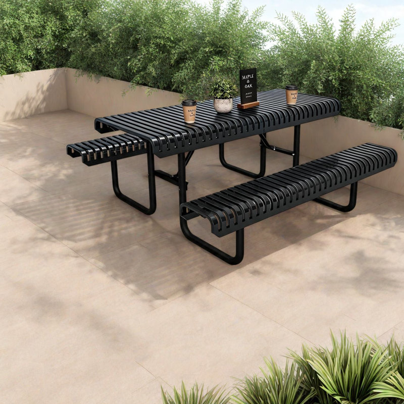 Tables de patio de qualité commerciale, table de pique-nique en acier noir avec trou pour parasol