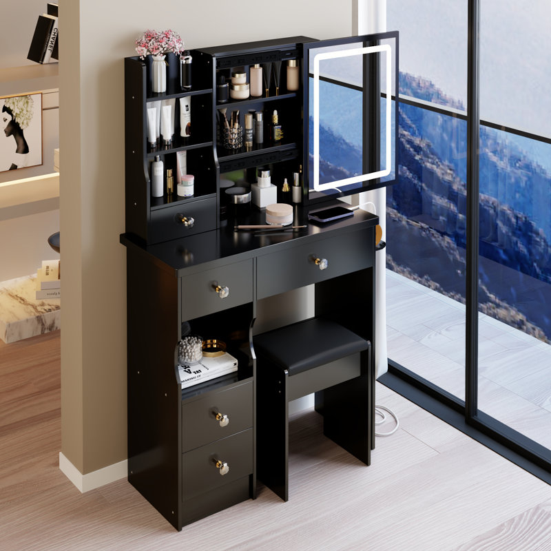 29.2" Small Size Left Drawer Desktop Vanity Table + Cushioned Stool, Black 1