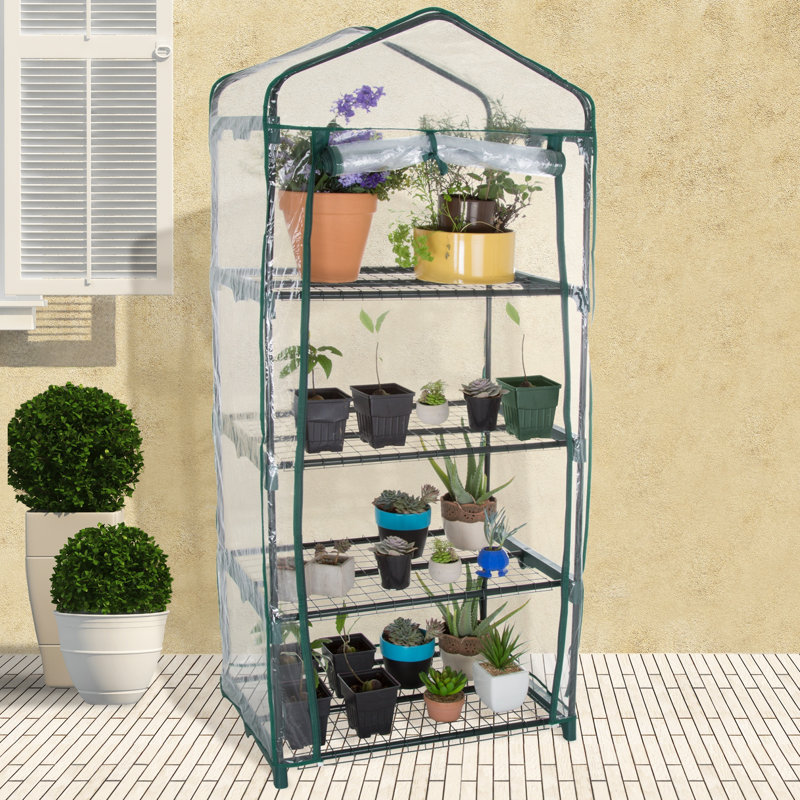 Compact 4-Tier Green Iron Mini Greenhouse with Zippered PVC Cover