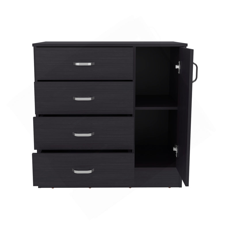 Commode, 1 porte, 4 tiroirs, 2 tablettes, wengé noir