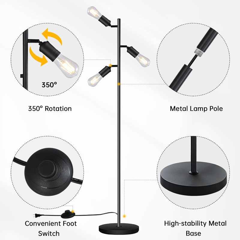 Industrial Tree Floor Lamp With 3 Adjustable Rotatable Lights, E26 Base For LED/CFL Bulbs (Bulbs Not Included), For Living Room/Bedroom/Office