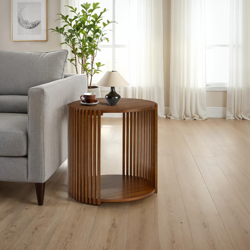 Estie Round Wood Slatted End Table With Open Shelf, Brown Sugar Mango