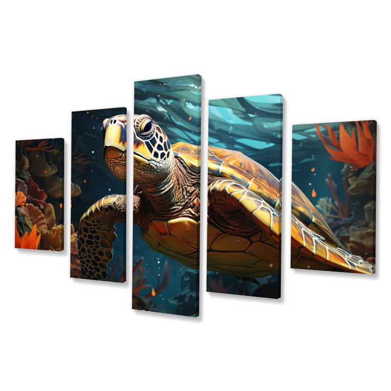 Tortue aquatique Wanderer géométrique I - animaux, reproduction d'art murale - 5 panneaux