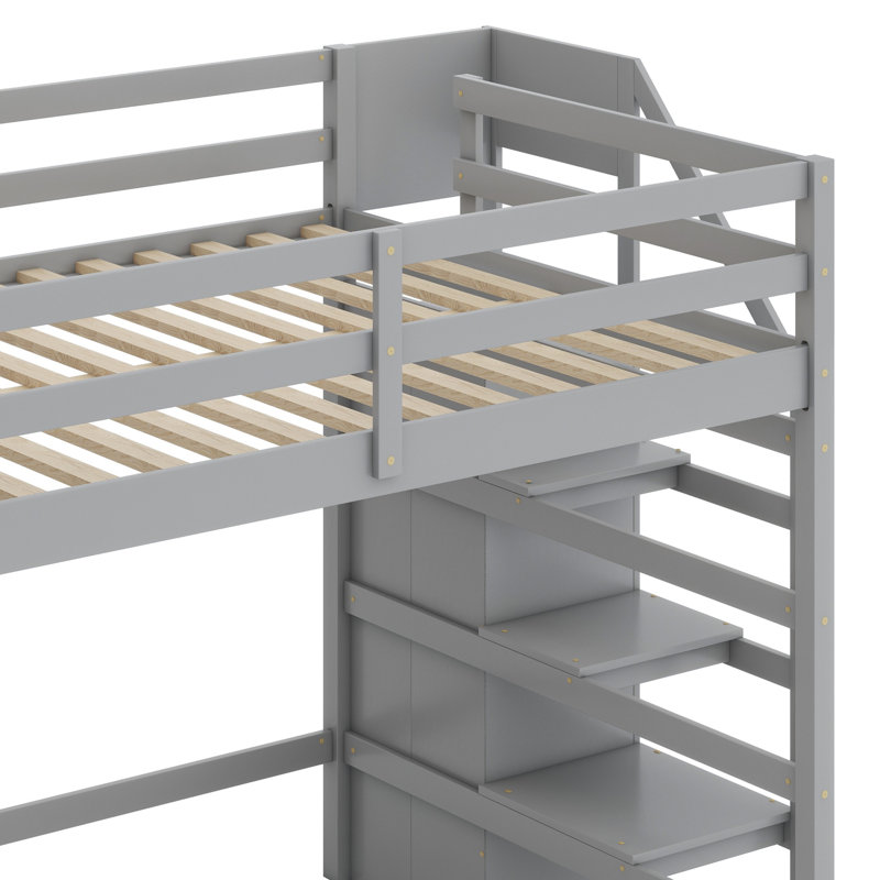 Loft Bed With Built-In Storage Wardrobe And Staircase, Gray