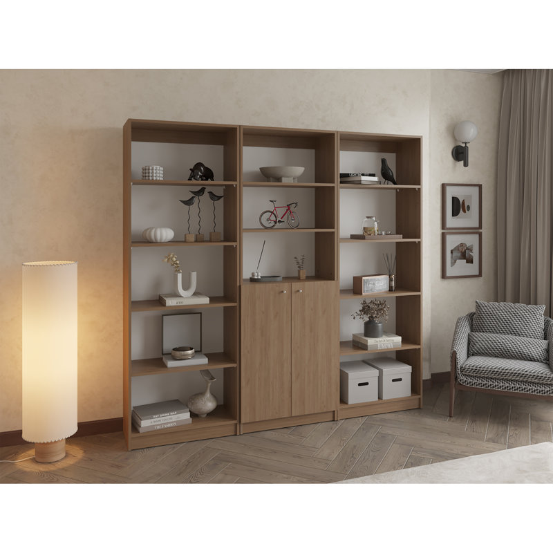 Ensemble de bibliothèque en chêne naturel 3 pièces avec rangement ouvert et fermé, idéal pour un rangement compact et élégant.