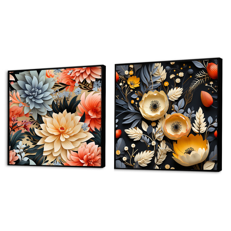 «Israël» - Ensemble de 2 collages carrés floraux, Cadre flottant noir, H 16 po x l 33 po