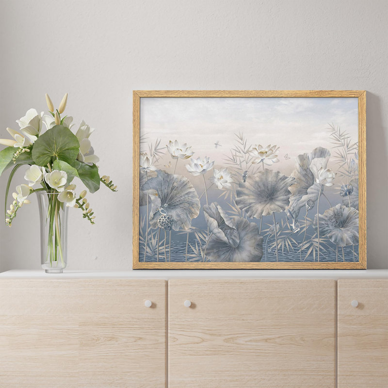 Élégantes fleurs de lotus blanches dans une eau tranquille, illustrations de scène rustique, affiche encadrée, Naturel