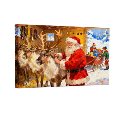 Christmas Santa With Reindeer In Workshop Set of 3 Canvas Wall Art Prints