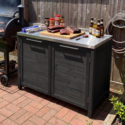 Outdoor Solid Cedar Wood Storage Cabinet With Stainless Steel Top, Weather-Resistant Patio Prep & Storage Station