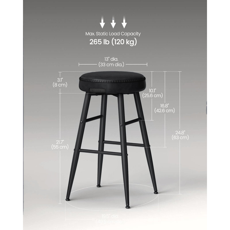 Tabouret Parmley, Similicuir noir / cadre noir, Tabouret de comptoir (siège d'une hauteur de 24,8