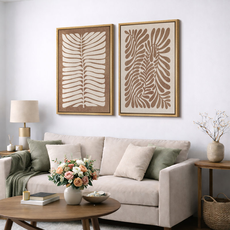 Abstract Botanical "Faded Brown Leaves Simple Artwork, Classic Boho Retro Wall Pictures, Framed Canvas Giclée Print 2 Pieces Wall Art" 16x24x2 pcs, 24x36x2 pcs