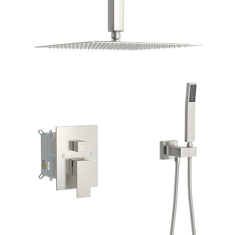 Brushed Nickel 16 Inch Square Dual Shower Head, Ceiling Mounted Mount Square, Color, Brushed Nickel