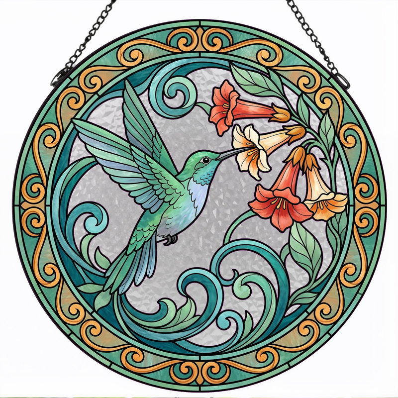 Panneau de vitrail à motif floral Colibri ， H 12 po, 12"H
