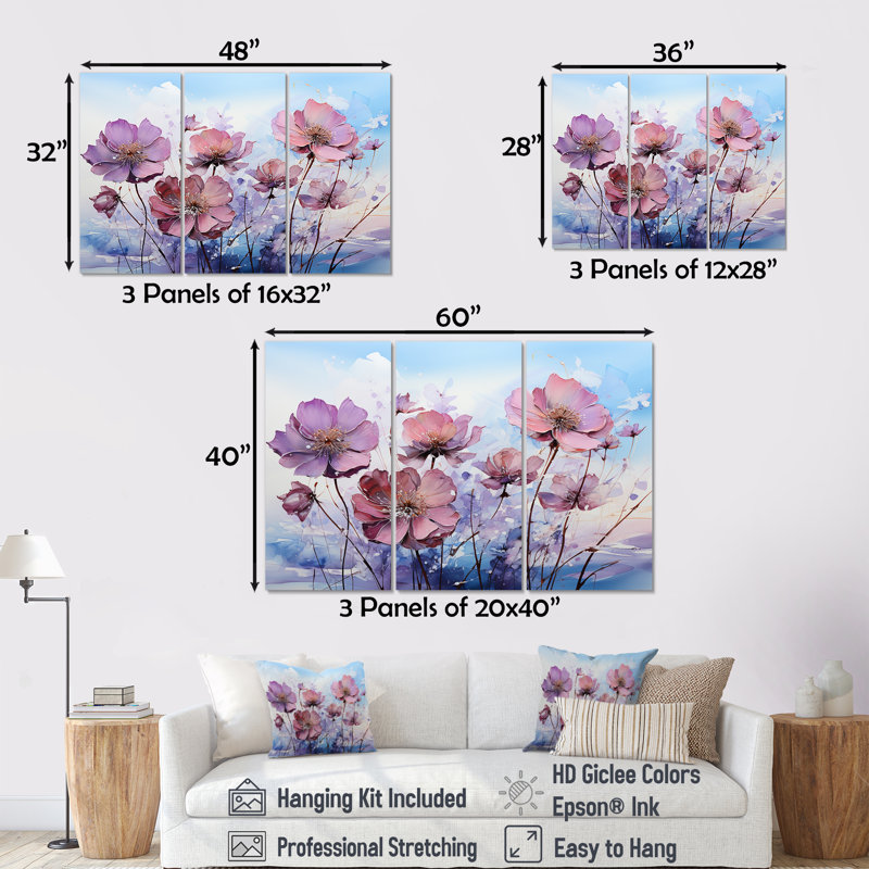 Ensemble de décorations murales roses et mauves à motif coquelicots, H 40 po x l 60 po x P 1 po