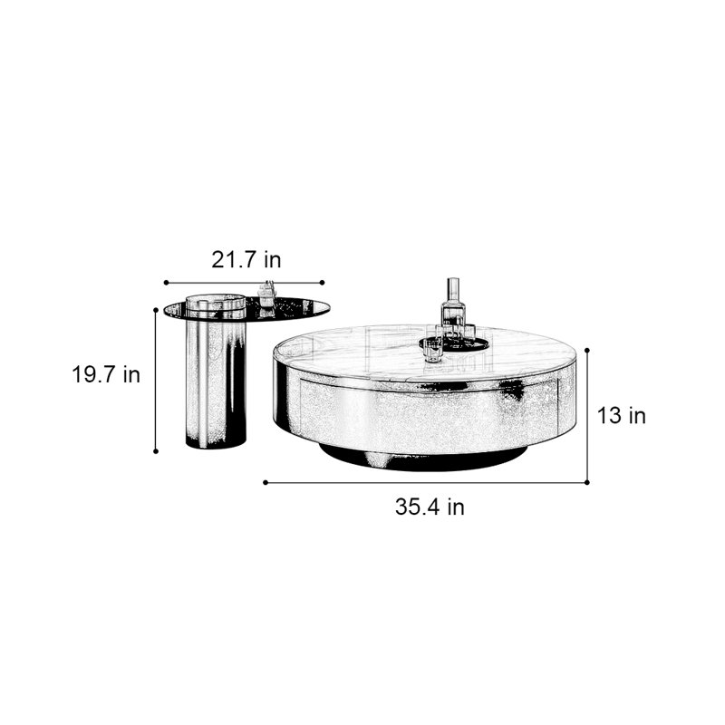 Table basse ronde en pierre micro-cristalline, H 13 po x L 35,4 po x l 35,4 po
