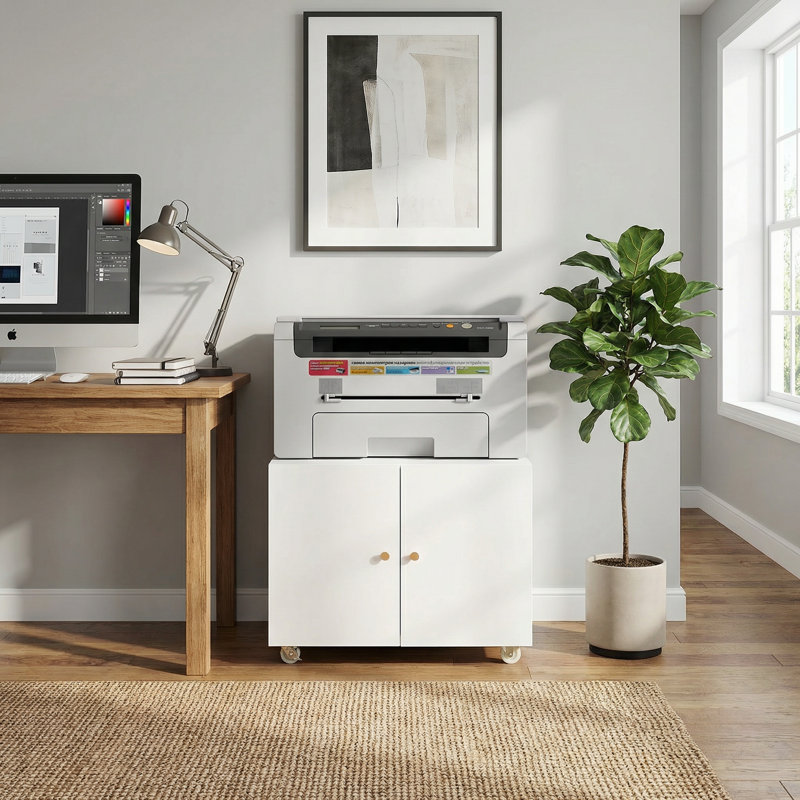 Metal Printer Cabinet with Double Doors and Locking Casters, Steel Storage with Adjustable Shelves for Office, Home, or Garage